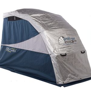 sport speedway shelter setup with double duty cover attached