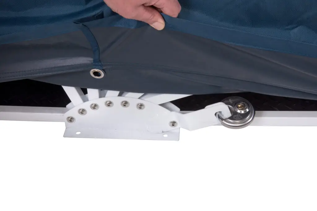 Close-up of the welded locking hardware on a Speedway Shelter frame