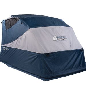 Deluxe Speedway Shelter Cover setup on a closed motorcycle shelter with the vent open