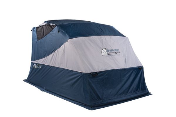 Deluxe Speedway Shelter Cover setup on a closed motorcycle shelter with the vent open