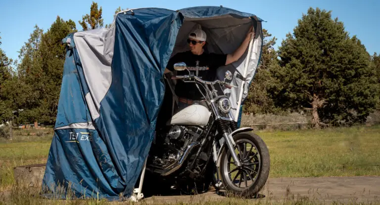 storing motorcycle in speedway motorcycle shelter