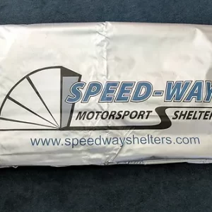 deluxe double duty cover folded up with the Speedway Motorsport Shelter logo