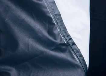 closeup on the waterproof seam of the speedway shelter motorcycle cover