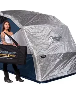 deluxe shelter combo kit set up with the double duty uv cover and a woman with the durable carrying case on her shoulder
