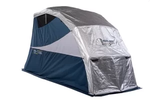 touring speedway motorcycle shelter with floor and double duty cover setup
