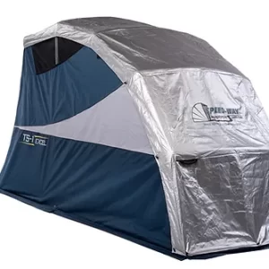 touring speedway motorcycle shelter with floor and double duty cover setup