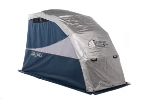 standard sport double duty cover installed on the Speedway Motorcycle Shelter
