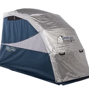 standard sport double duty cover installed on the Speedway Motorcycle Shelter