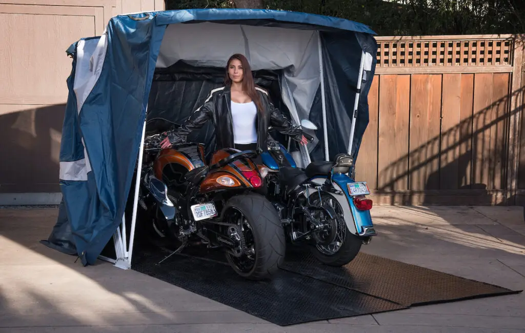 deluxe shelter with two sport motorcycles
