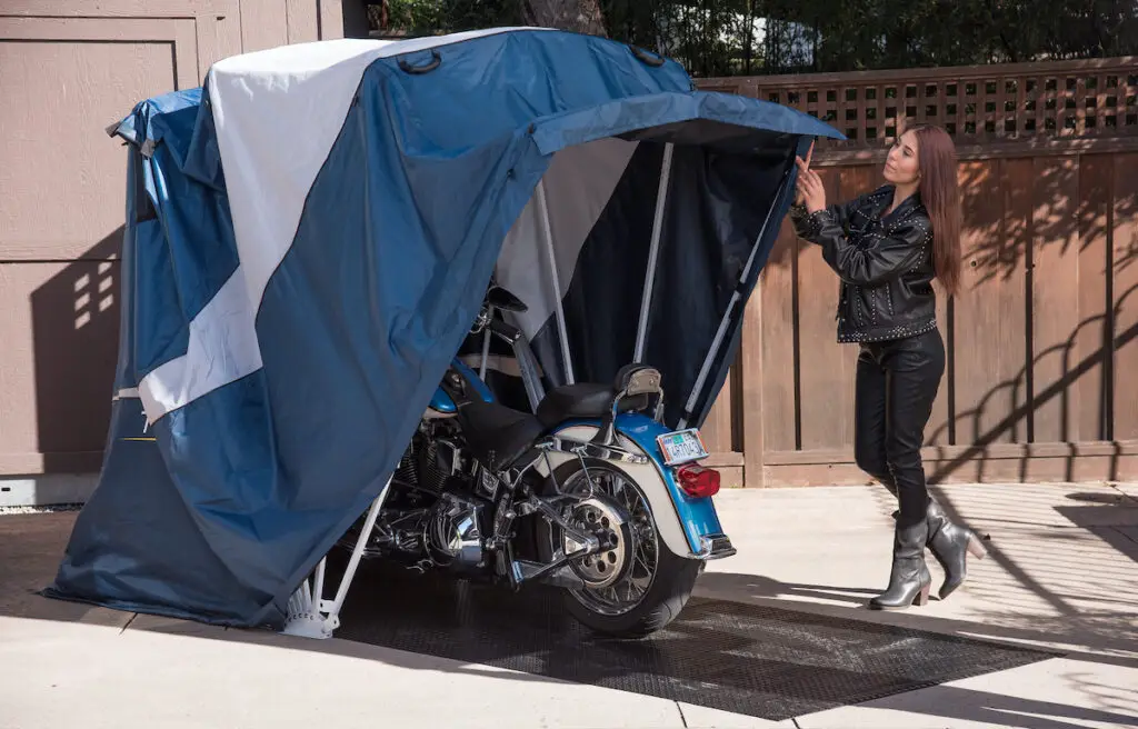 motorcycle in speedway shelters storage shed