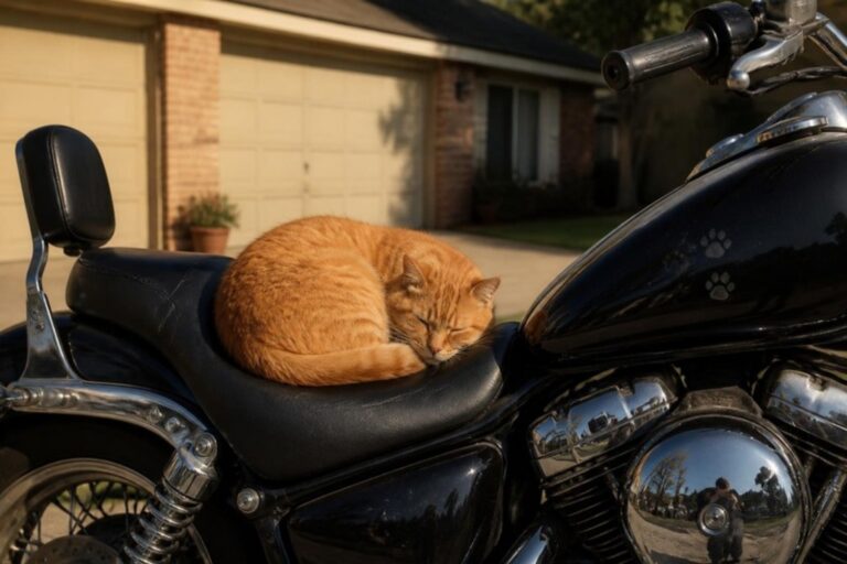 Orange tabby cat curled up asleep on the black seat of a cruiser motorcycle parked in a driveway