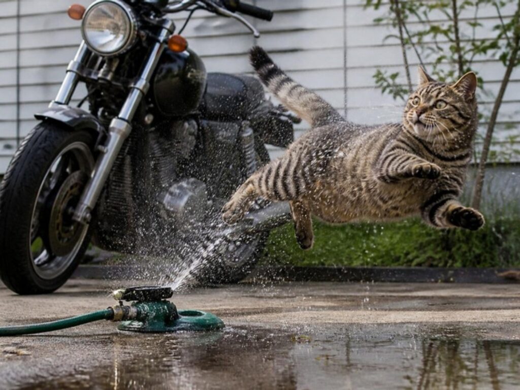 Tabby cat leaping away from a motion-activated sprinkler next to a parked motorcycle