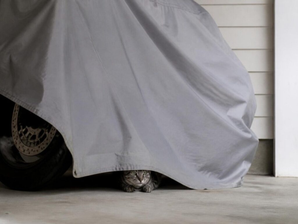 Grey tabby cat peeking out from under a loose motorcycle cover draped to the ground