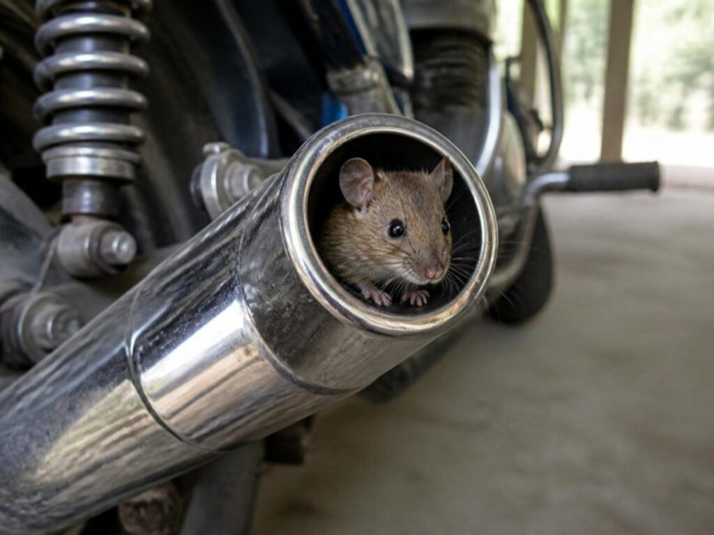 Mouse peeking out of the chrome exhaust pipe of a parked motorcycle