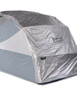 Silver Double Duty UV cover installed on a Deluxe Speedway Shelter, with the shelter faded so the cover stands out