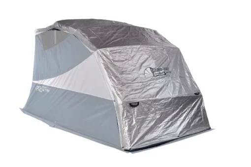 Silver Double Duty UV cover installed on a Deluxe Speedway Shelter, with the shelter faded so the cover stands out