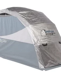 Silver Double Duty UV cover installed on a Sport Speedway Shelter, with the shelter faded so the cover stands out