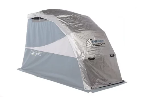 Silver Double Duty UV cover installed on a Sport Speedway Shelter, with the shelter faded so the cover stands out