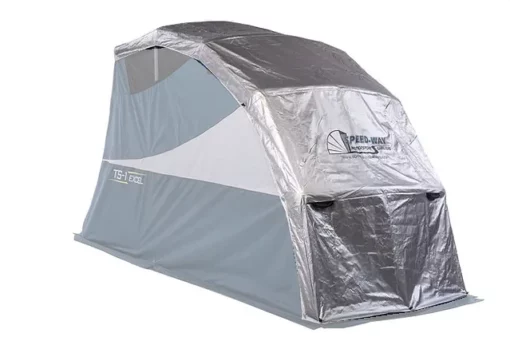Silver Double Duty UV cover installed on a Touring Speedway Shelter, with the shelter faded so the cover stands out